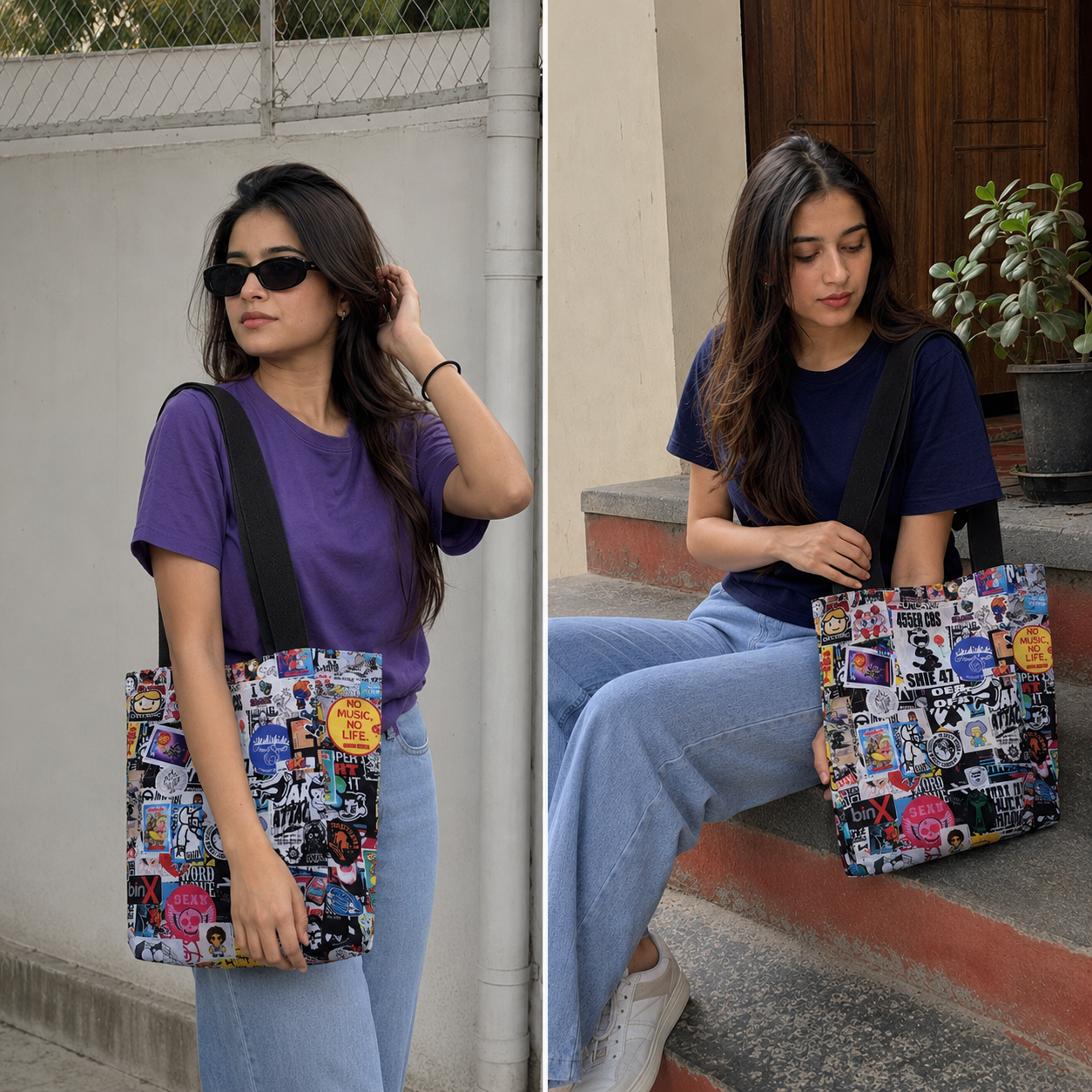 Two women holding a colorful bag with stickers, one outdoors and one sitting on steps.