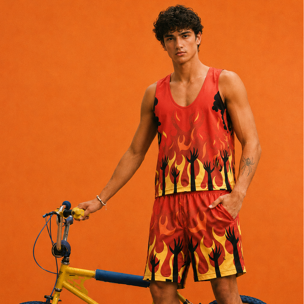 Person wearing a red sleeveless shirt and shorts with flame design against an orange background