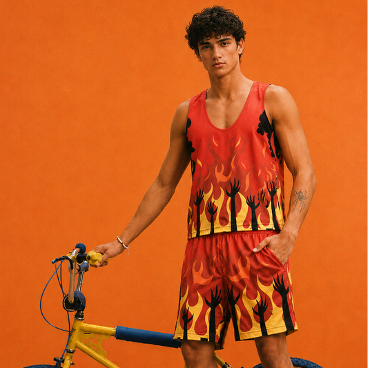 Person wearing a red sleeveless shirt and shorts with flame design against an orange background