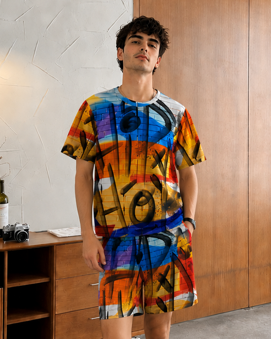 Person wearing a colorful graphic t-shirt and shorts in a room with wooden furniture.