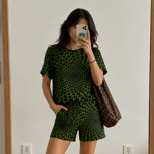 Person wearing a green patterned outfit with shorts and a t-shirt, standing in front of a mirror.