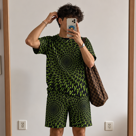 Person taking a mirror selfie wearing a green patterned outfit with white sneakers.
