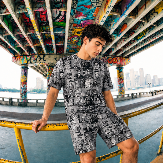 Person wearing a patterned outfit standing under a graffiti-covered bridge with a cityscape in the background.