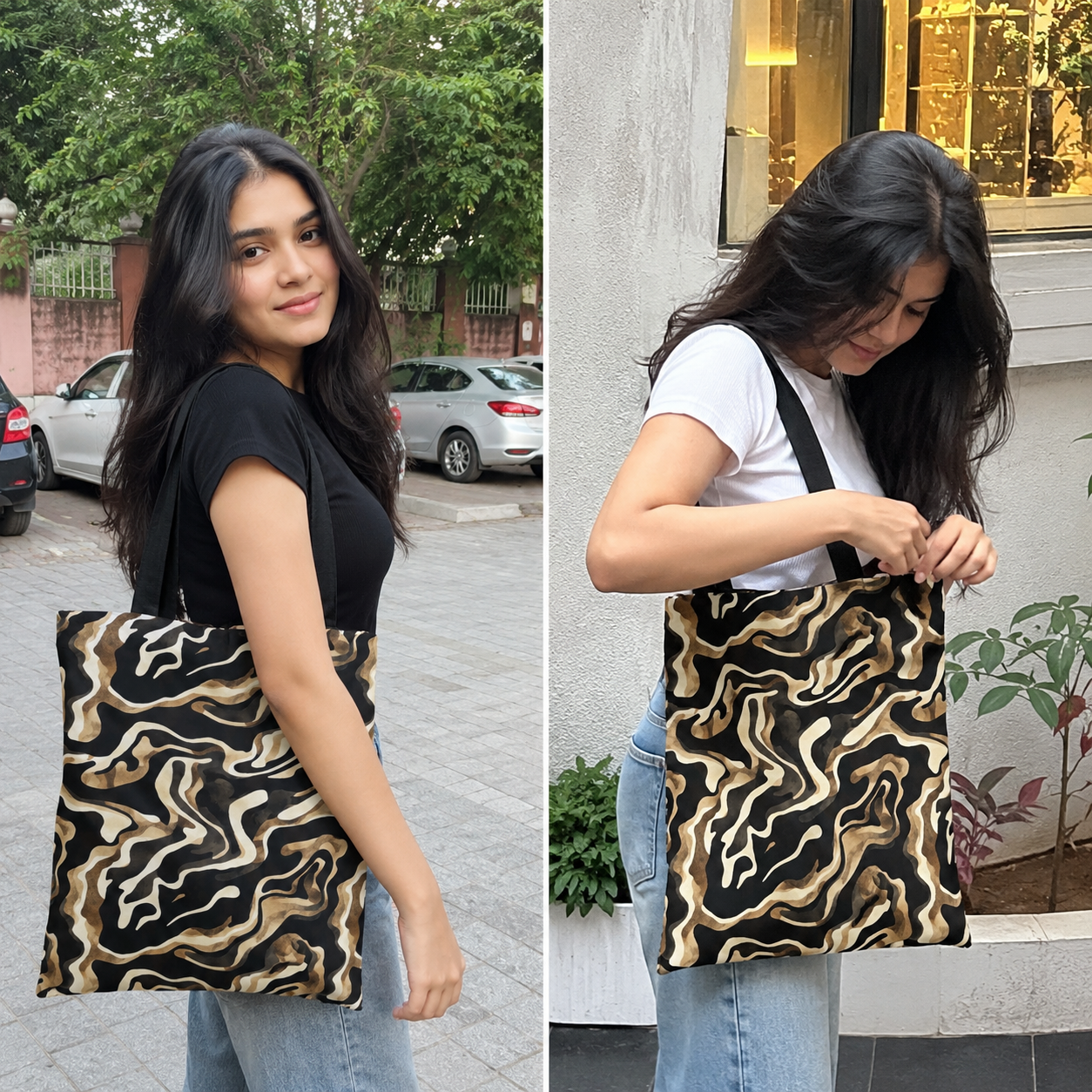 Two images of a woman holding a patterned tote bag, one outdoors and one indoors.