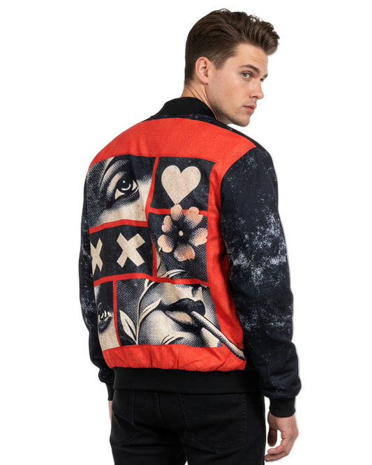 Man wearing a jacket with artistic designs on the back against a white background