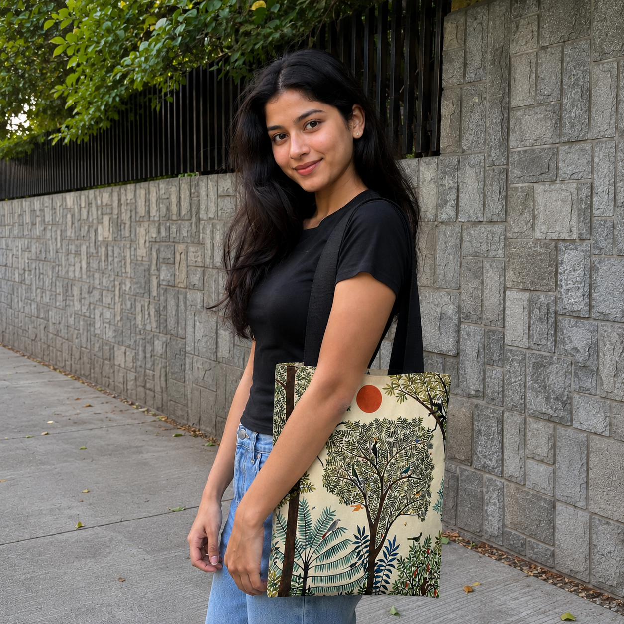 Woman holding a tote bag with a nature design against a stone wall.