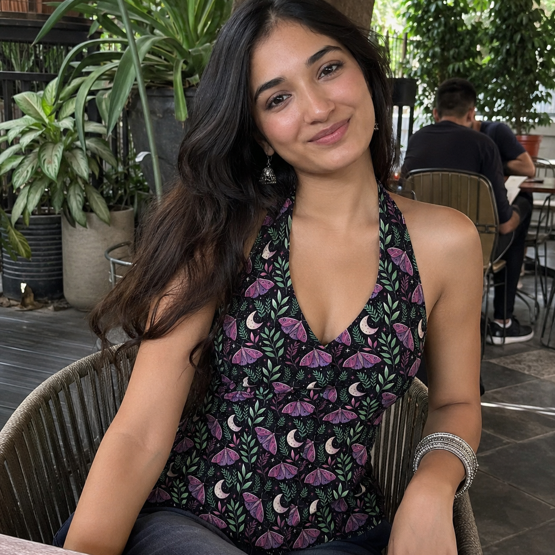 A woman sitting at an outdoor patio wearing a black halter top with a purple and green leaf and moon pattern.