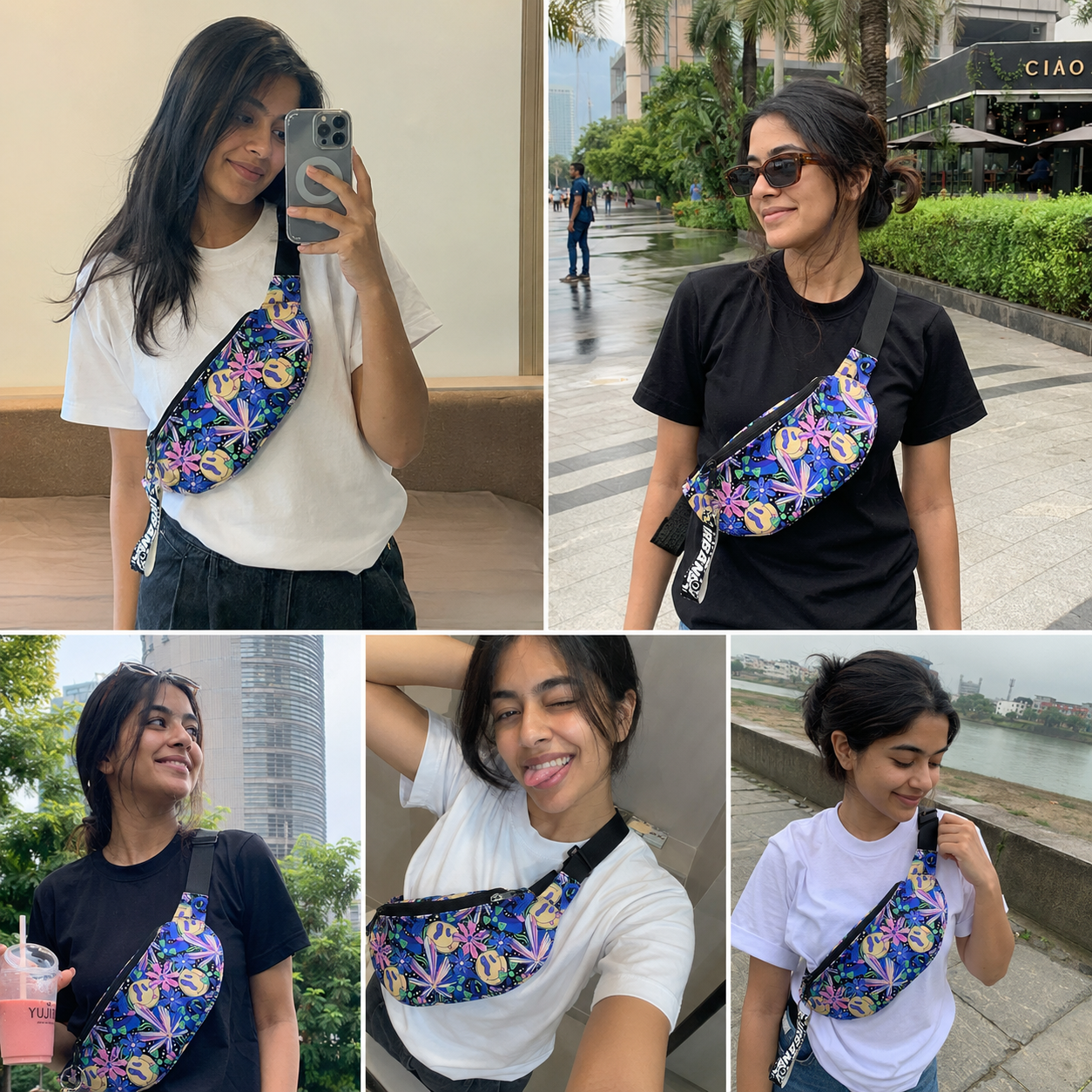 Collage of a woman wearing a colorful waist bag in various settings.
