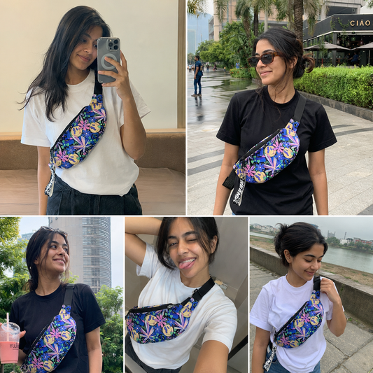 Collage of a woman wearing a colorful waist bag in various settings.