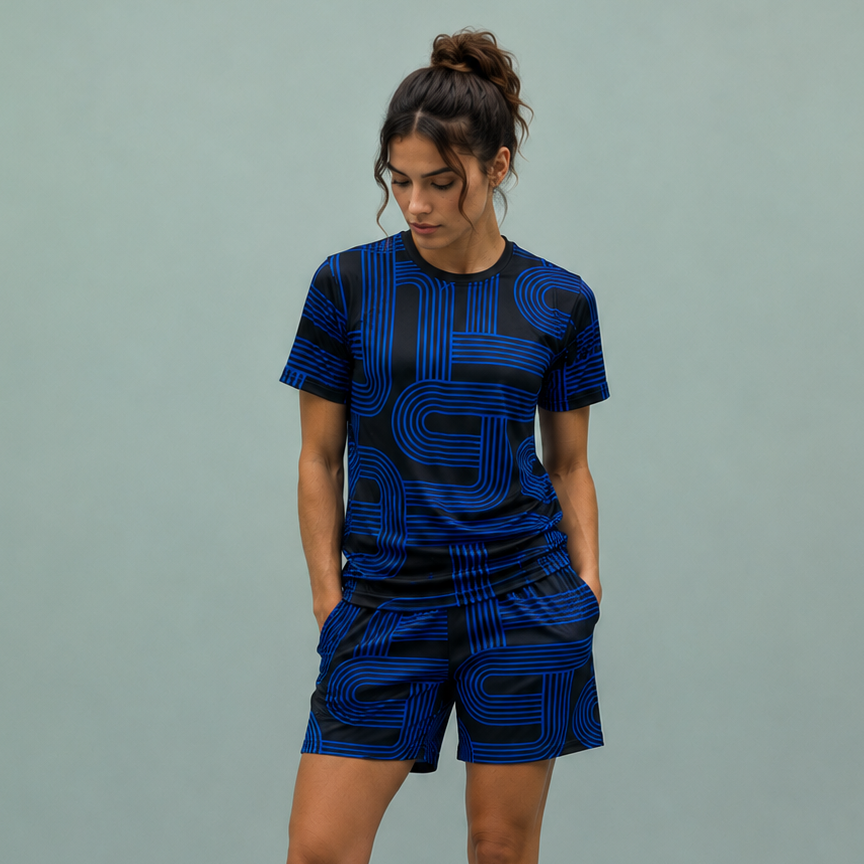 Woman wearing a blue and black patterned outfit on a gray background