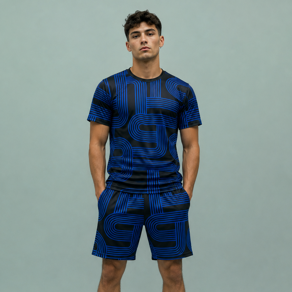 Person wearing a blue athletic outfit with black patterns on a gray background
