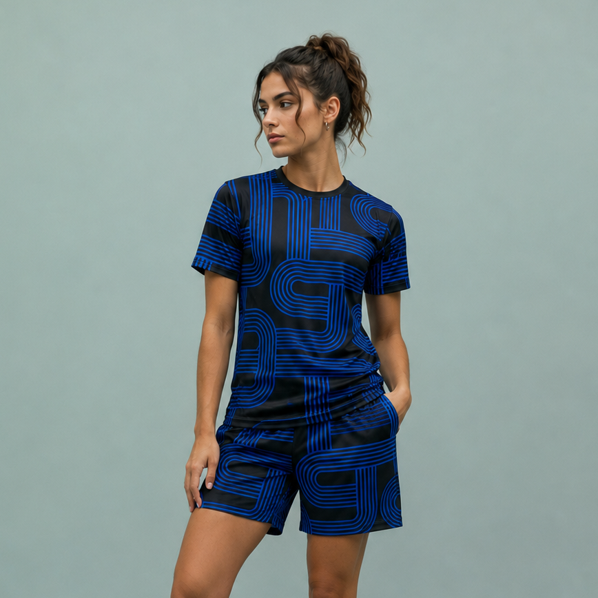 Woman wearing a blue sports outfit with black patterns on a gray background