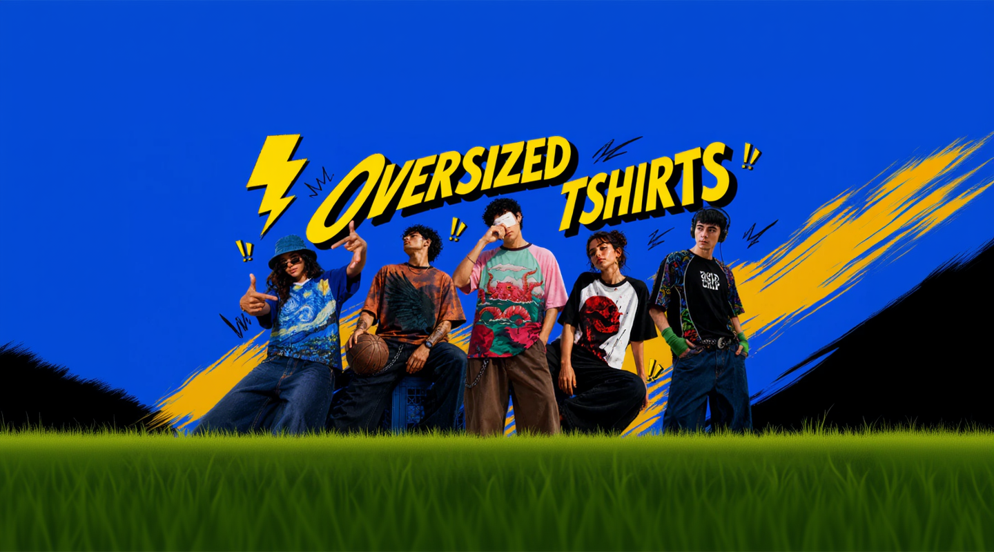 Group of people wearing oversized t-shirts with a colorful background and text.