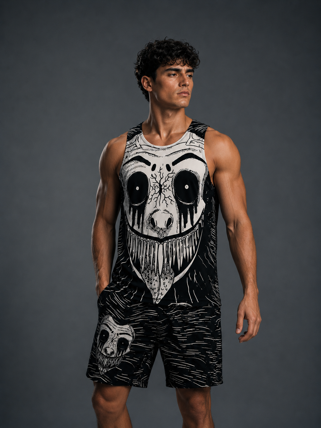 Man wearing a black and white tank top with a graphic design on a gray background