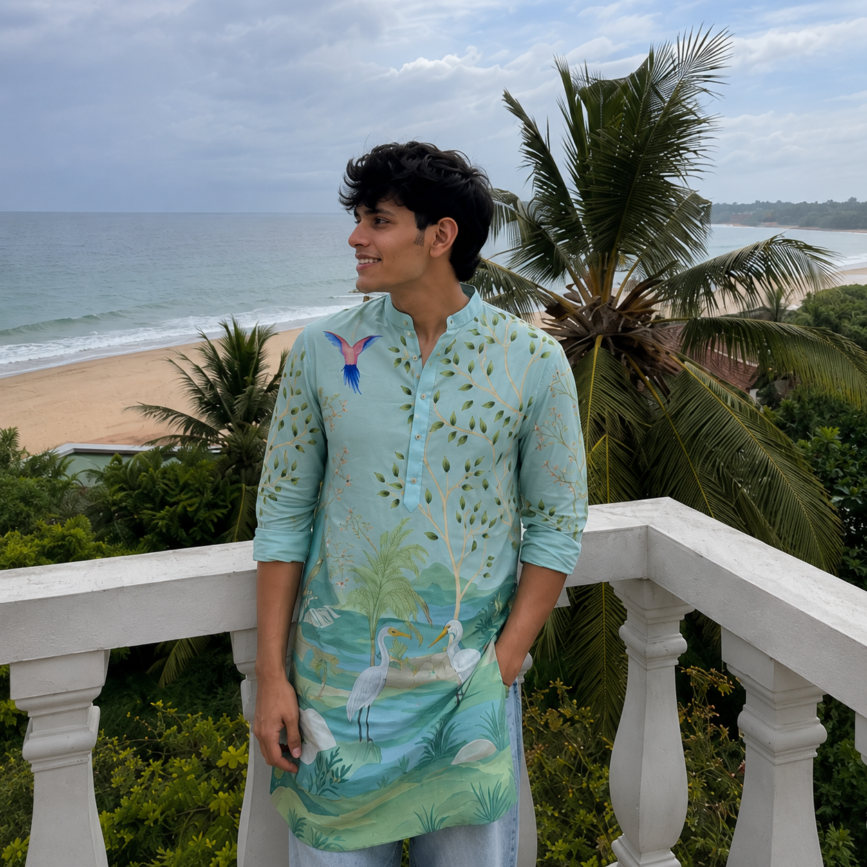 Man wearing a light blue kurta standing on a balcony with a beach and palm trees in the background