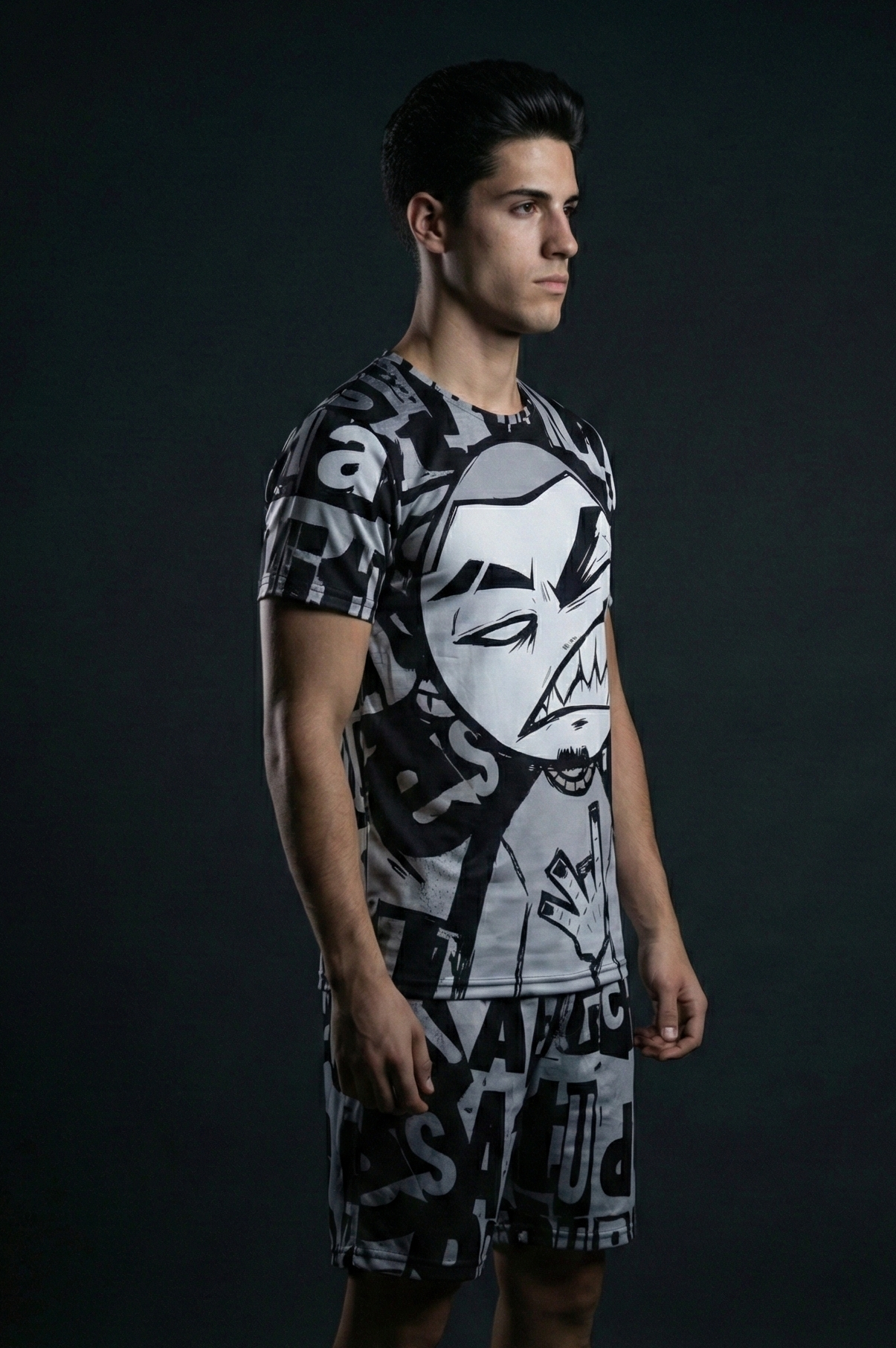 Person wearing a black and white graphic t-shirt and shorts on a dark background