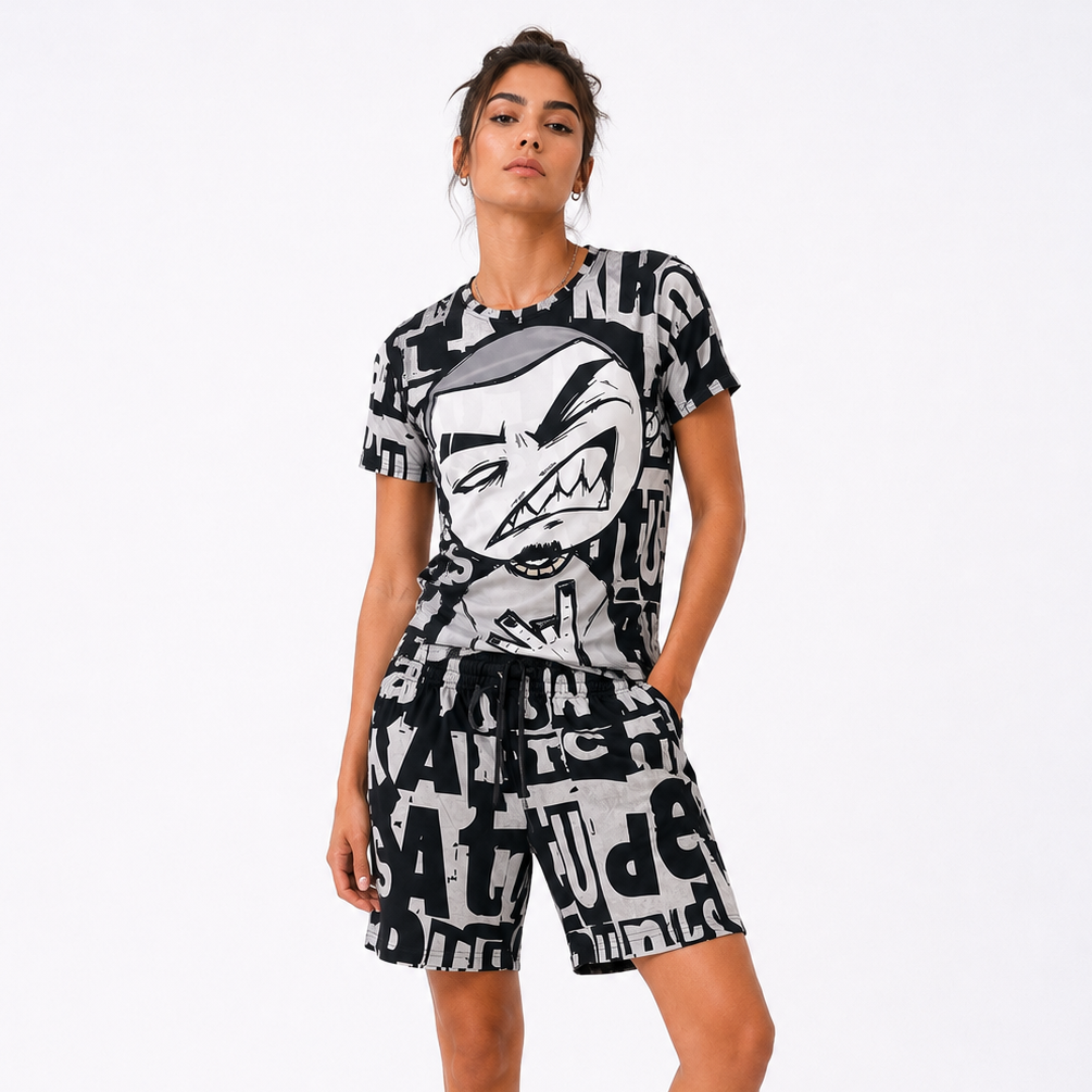 Person wearing a black and white graphic outfit on a white background