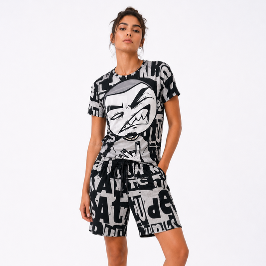 Person wearing a black and white graphic outfit on a white background