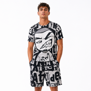 Person wearing a black and white graphic t-shirt and shorts set on a white background