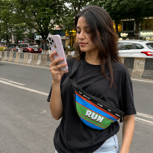 Woman holding a phone on a street with a colorful bag over her shoulder