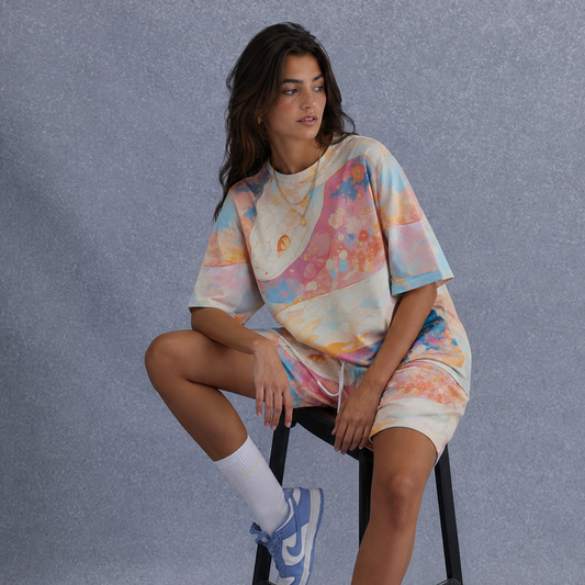 Woman wearing a colorful tie-dye outfit sitting on a stool against a gray background