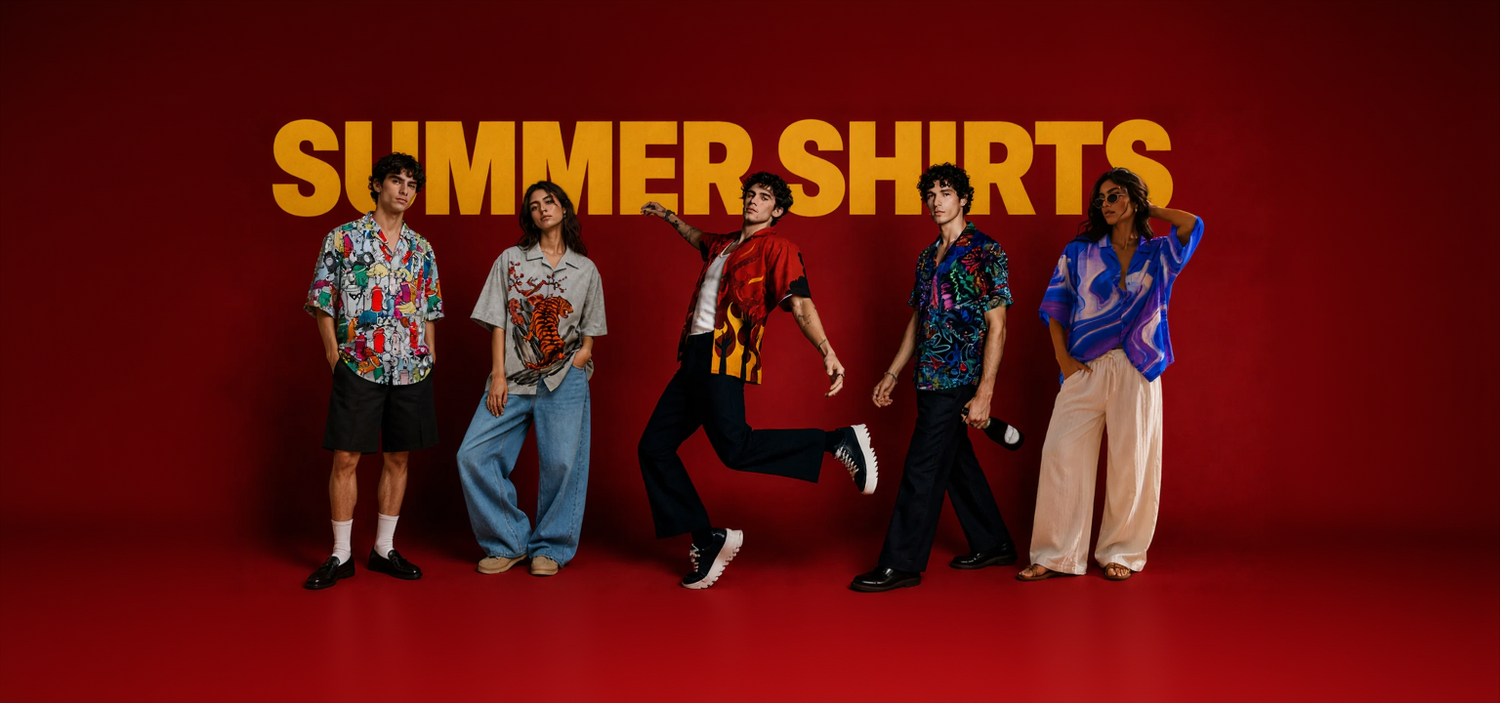 Five people wearing summer shirts against a red background with 'SUMMER SHIRTS' text.