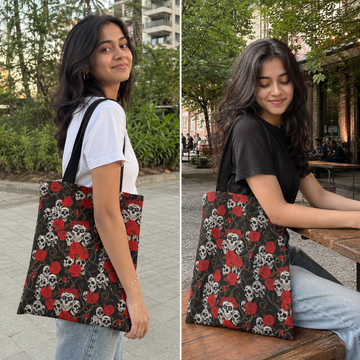 Two images of a person holding a tote bag with skull and rose pattern in an urban setting.