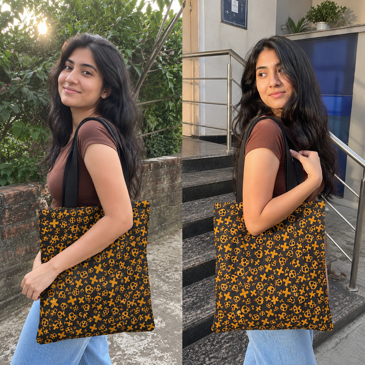 Woman holding a patterned bag outdoors and indoors.