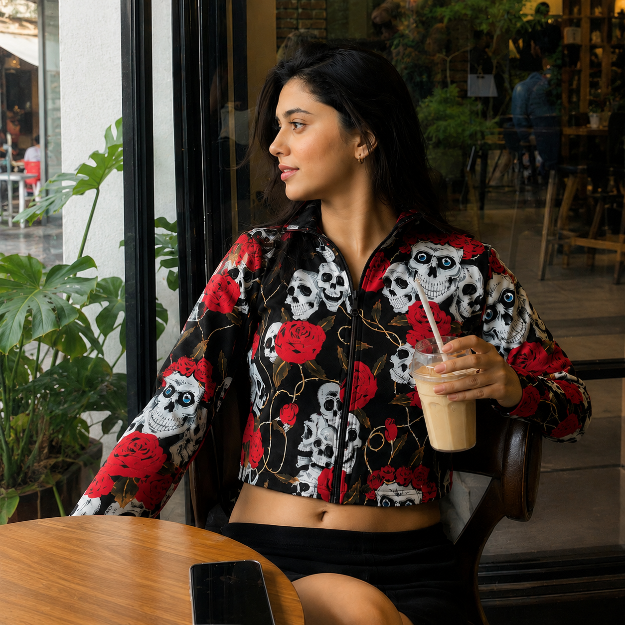 A woman sitting at a cafe table wearing a black cropped zip-up jacket with a red and white sugar skull and rose pattern, holding an iced coffee.