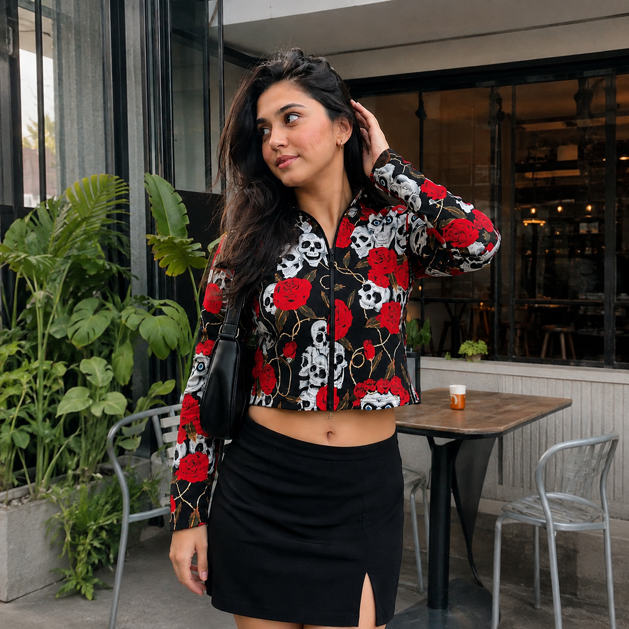A woman wearing a black long-sleeve crop top with a red and white skull and rose pattern, paired with a black mini skirt, standing in an outdoor cafe setting.