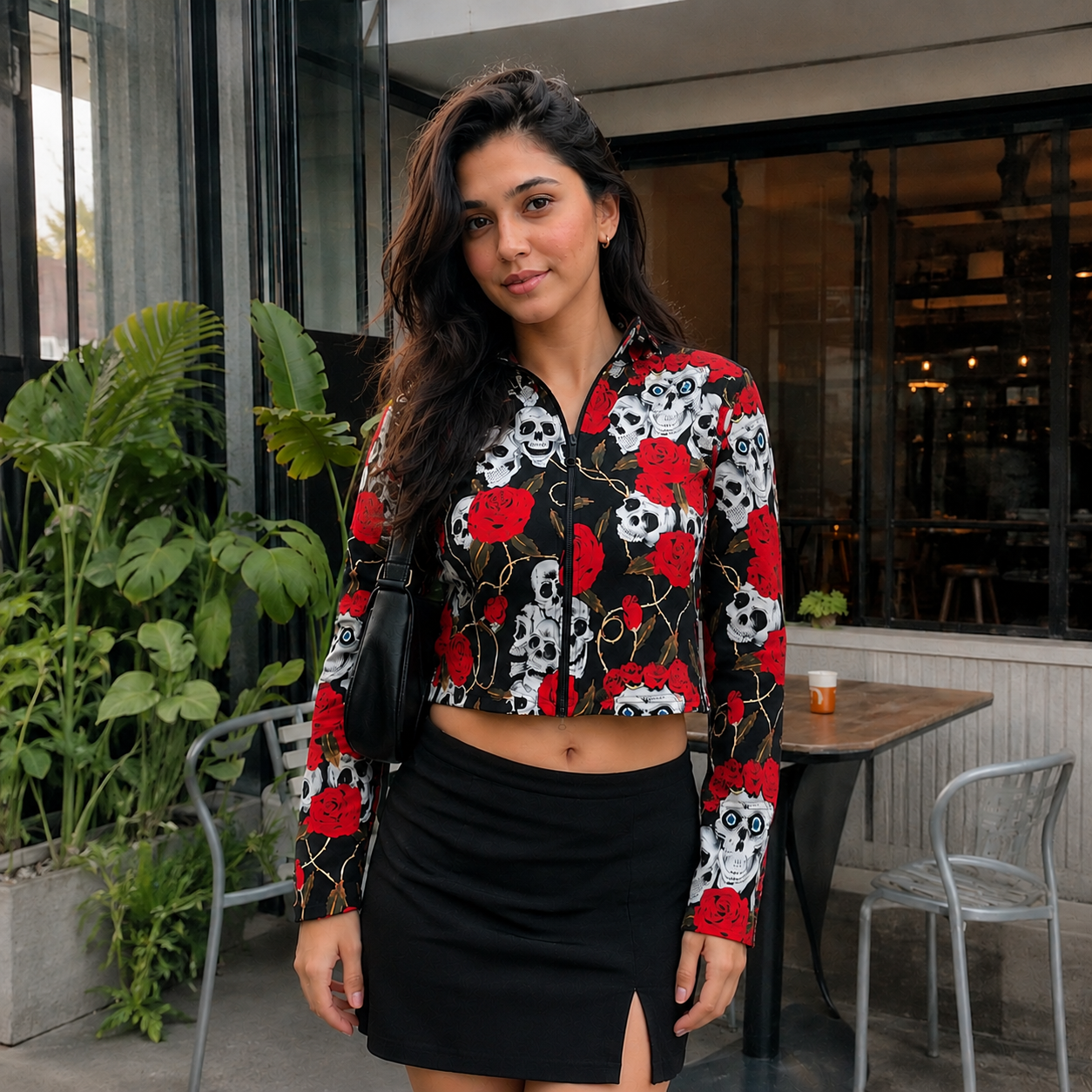 A woman stands outdoors in front of a cafe, wearing a black long-sleeve crop top with a red and white sugar skull and rose pattern, paired with a black mini skirt.