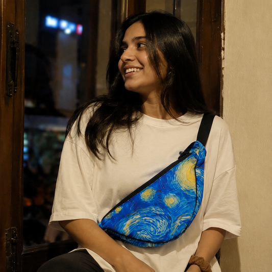 Person wearing a white shirt with a blue fanny pack featuring a starry night design.