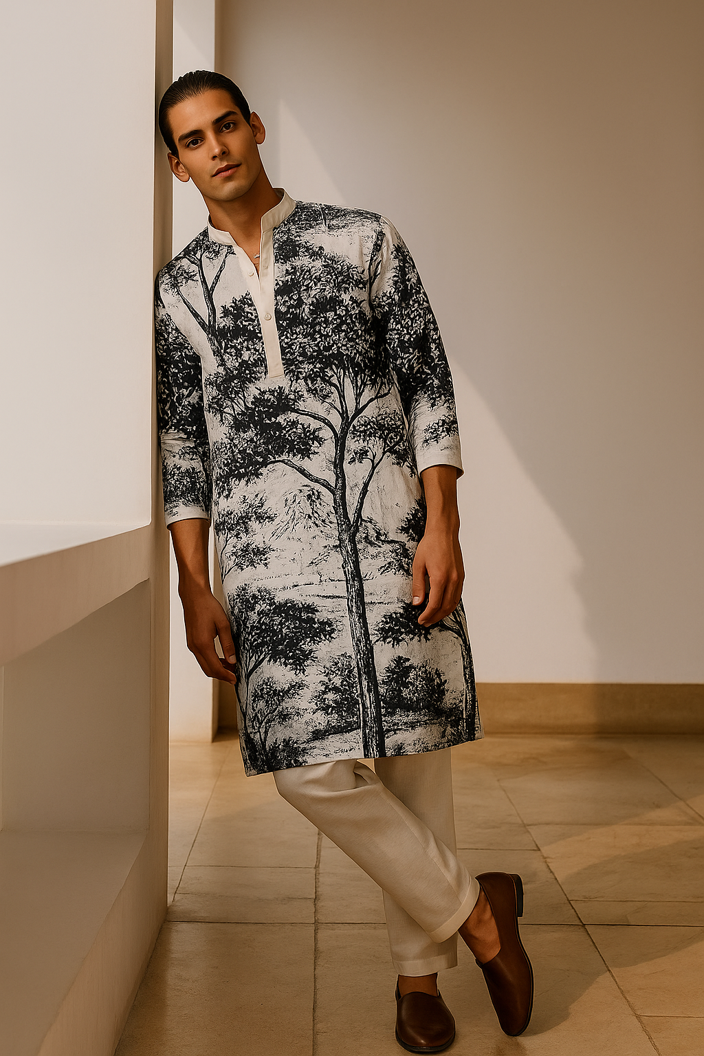 Man wearing a black and white tree-patterned kurta with beige pants in a minimal indoor setting.