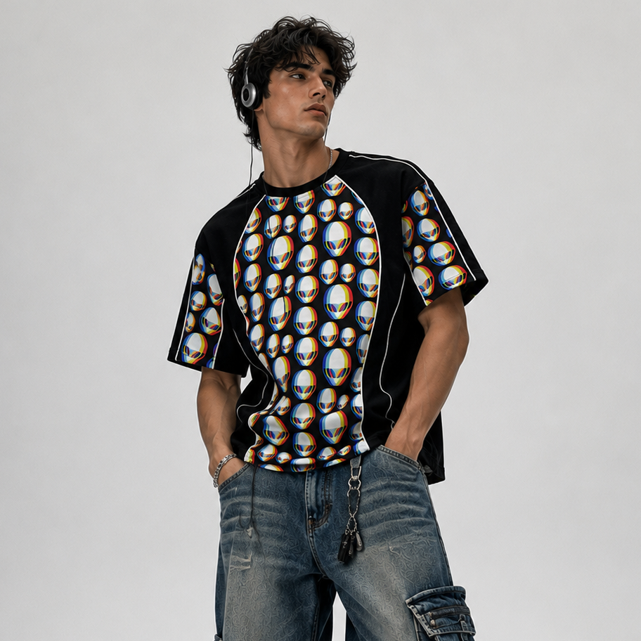 Person wearing a patterned shirt and baggy jeans on a plain background