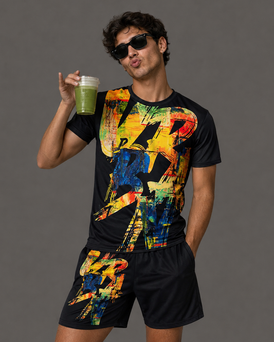Person wearing a colorful graphic t-shirt and shorts, holding a green smoothie against a gray background