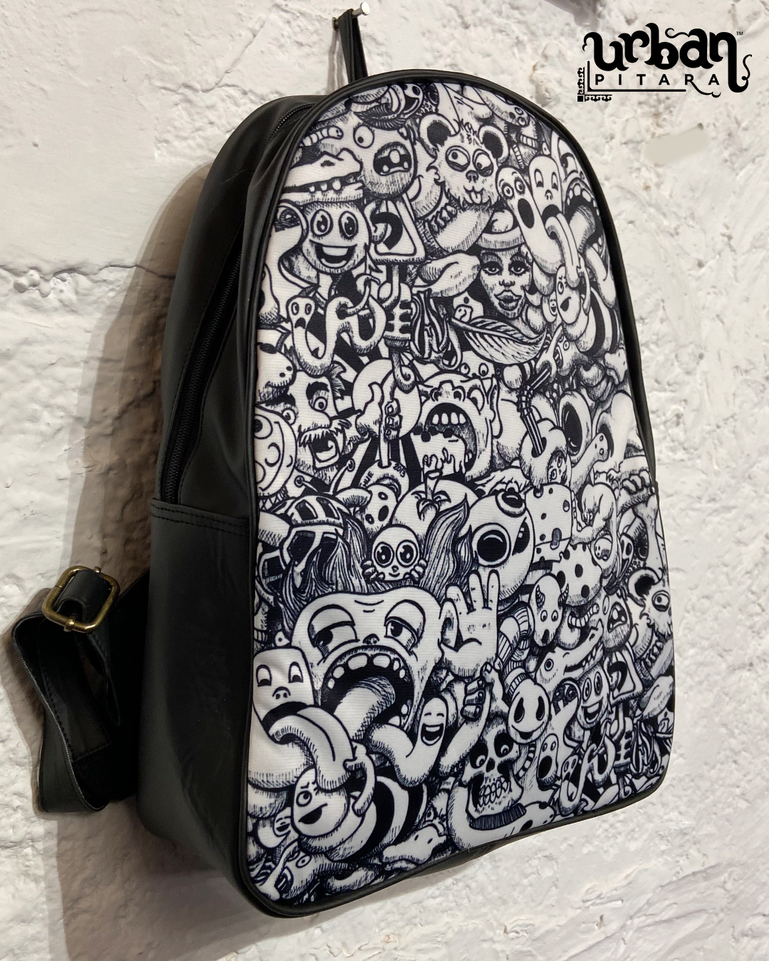White Doodle D Faux Leather Backpack