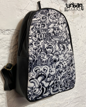 White Doodle D Faux Leather Backpack